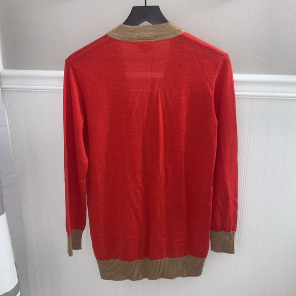 TORY BURCH Red Orange Tan Colorblock Merino Wool Knit Cardigan XS 30123102 - Picture 8 of 13